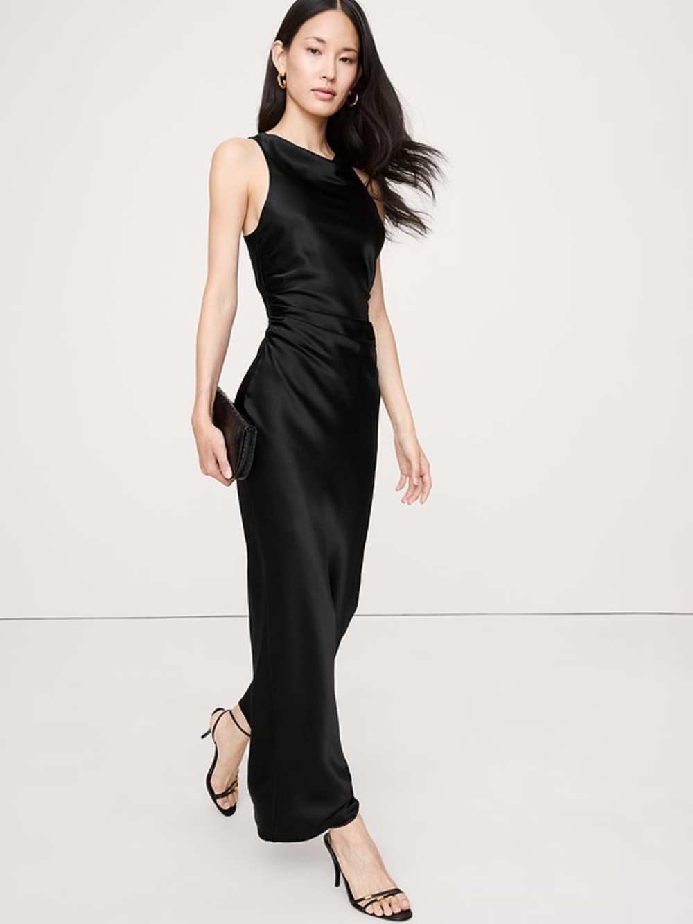 Banana Republic Silk Cowl-Neck Gown Black Open Back Cross-Strap Maxi Dress Sz 8